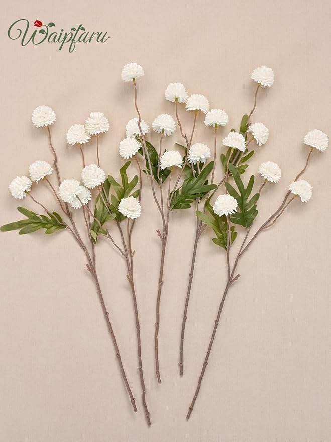 Waipfaru 10pcs Fake Silk Pompon Mum Artificial Flowers, Bulk Faux Mini Chrysanthemums, for Centerpieces Wedding Fillers Champagne Arrangements Shower Decorations, White