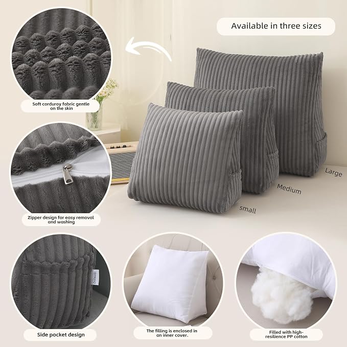 Corduroy Wedge Reading Pillow for Bed, 3 Sizes, 4 Colors for Bed, Sofa, Office Chair (Grey, Medium 19 * 16 * 7in)