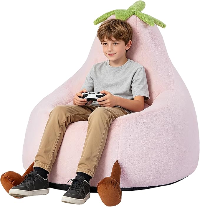 2.5FT Memory Foam Bean Bag Chair - Ultra Soft Faux Rabbit Fur Round Sofa with Handle & Machine Washable Cover, Comfy Lazy Chair for Kids Teens, Perfect for Reading Gaming in Living Room Bedroom，Pink