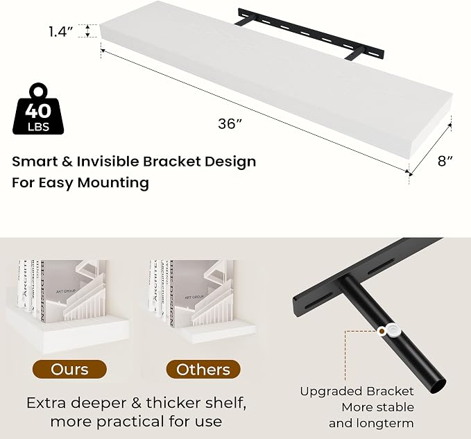 Dreamland 36Inch White Floating Shelves 8" Deep Wall Mounted Set of 2 | Wall shelves for bathroom, bedroom, kitchen, deep wall mount wood storage display for home decor 36" x 8"