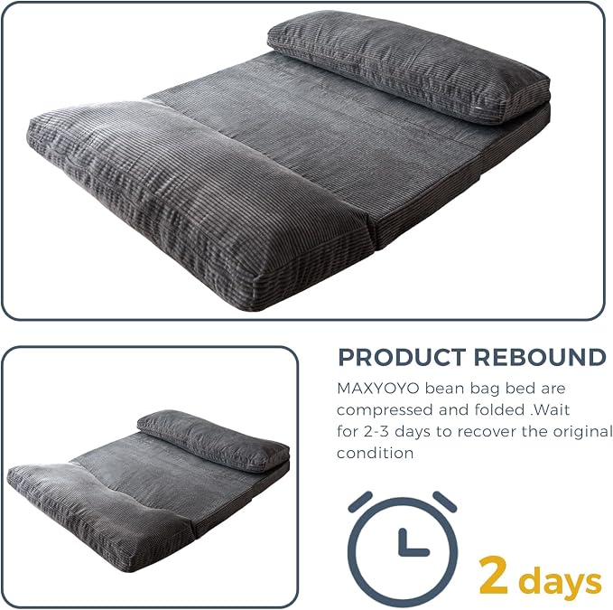 MAXYOYO Folding Sofa Bed, Extra Thick and Long Floor Sofa Convertible Chair with Washable Cover, Floor Couch Lounge Bean Bag Bed for Living Room, Dark Grey, 54x91 Inch