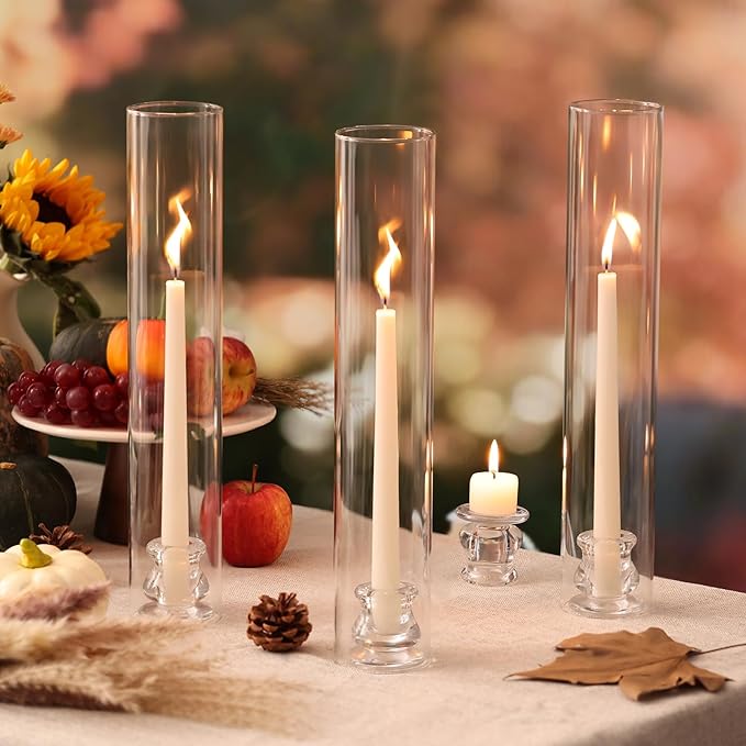 Volens Hurricane Glass Candle Holders Bulk- Set of 36 Candlestick Holders for Taper Candles with Windproof Cylinder Covers 14" Tall Clear Glass Chimney Cover for Wedding Table Centerpiece