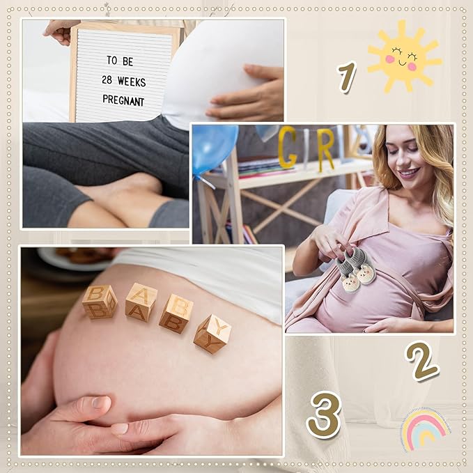 Canlierr 9 Pcs Pregnancy Announcement Set Pregnancy Reveal Ideas Felt Letter Board Baby Bodysuit Booties Photo Frame Bear Plush Wood Blocks for Coming Soon Baby Announcement(White)