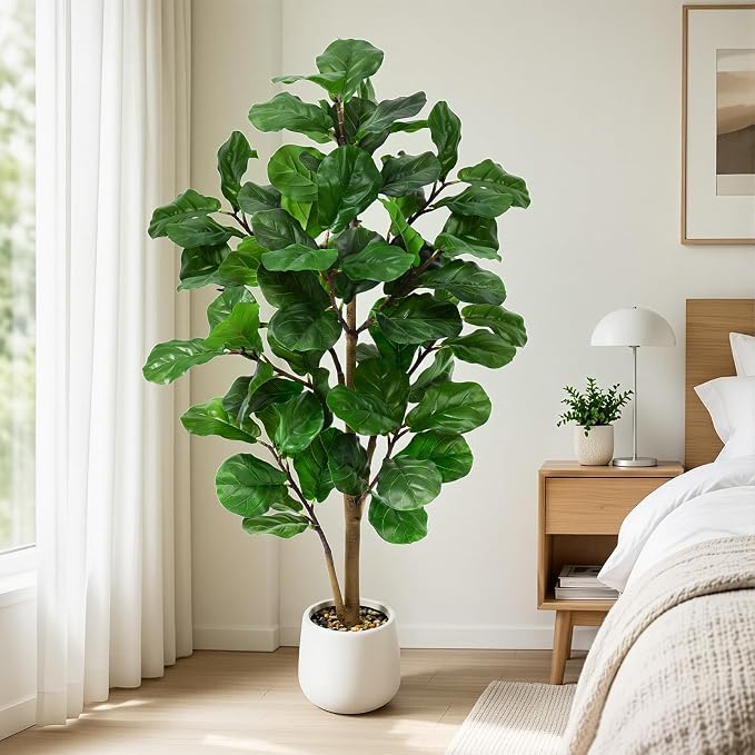 Faux Fiddle Leaf Fig Tree 5ft Tall Indoor Fake Tree in White Pot with 70 Leaves Artificial Ficus Lyrata House Plant for Indoor Home Office Bedroom Living Room Decor Perfect Housewarming Gift