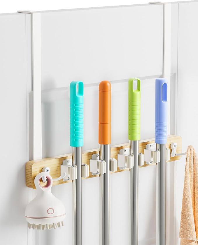 FANGSUN Broom Holder Door Mount Hanging, Over The Door Broom and Mop Organizer with 4 Slots and 4 Hooks, Wooden Tool Rack Storage Hanger for Laundry, Closet, Garage, No Drills