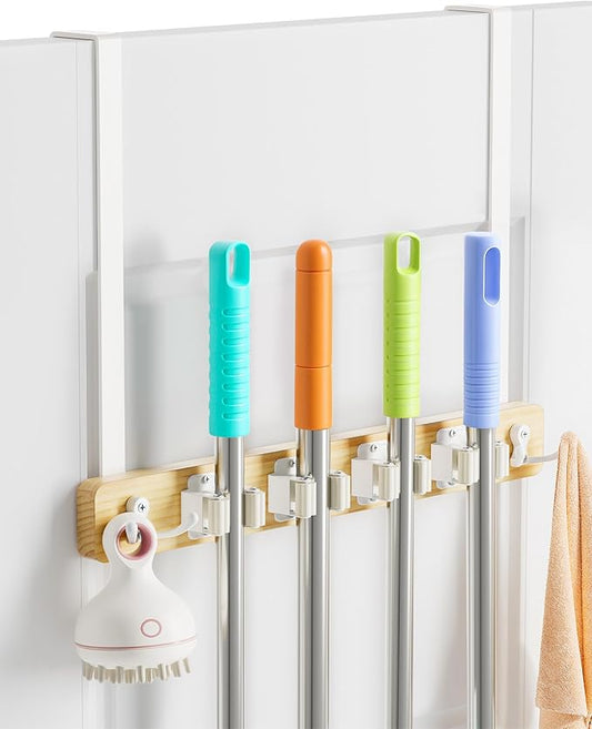 FANGSUN Broom Holder Door Mount Hanging, Over The Door Broom and Mop Organizer with 4 Slots and 4 Hooks, Wooden Tool Rack Storage Hanger for Laundry, Closet, Garage, No Drills