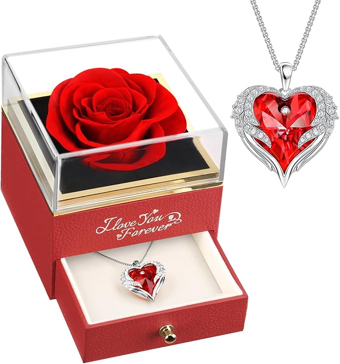 NEWNOVE Preserved Real Red Rose with Angle Wings Necklace, Mothers Day Flowers Gifts for Mom Grandma Wife Girlfriend, I Love You Gifts for Her, Anniversary or Birthday Gifts for Women