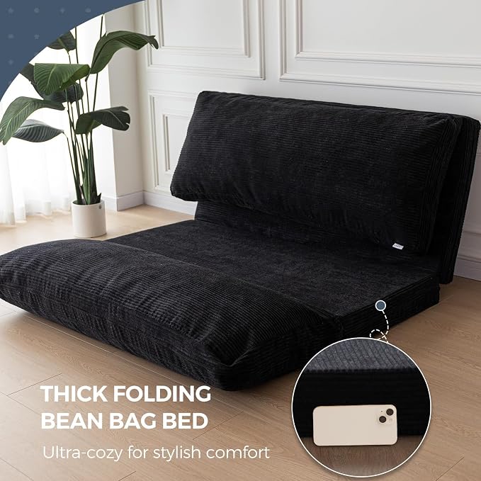 MAXYOYO Folding Sofa Bed, Extra Thick and Long Floor Sofa Convertible Chair with Washable Cover, Floor Couch Lounge Bean Bag Bed for Living Room, Black, 30"x91"