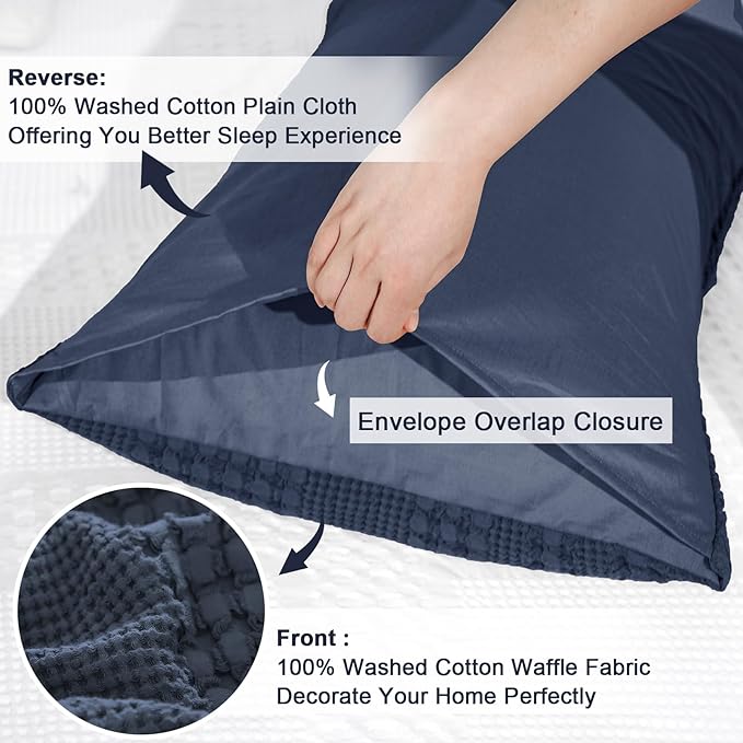 PHF 100% Cotton Waffle Pillow Shams Queen Size, 2 Pack 20" x 30" Soft Skin-Friendly Pillowcases, No Filling, Aesthetic Woven and Breathable Waffle Weave Pillow Case Covers for Bed, Indigo