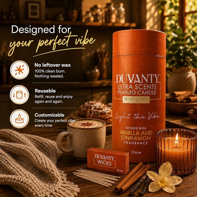 Vanilla and Cinnamon Blend – Refillable Pearled Candles Sand and Wicks, 17.6oz Sand Candle for Home Decor, Long Lasting Aroma up to 120 Hours | Warm Spiced Scent to Light the Vibe