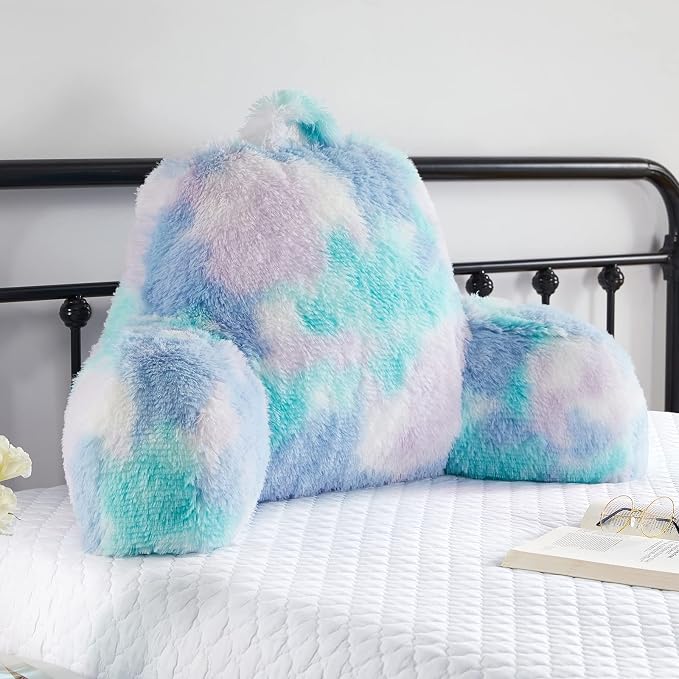 Reading Pillow for Bed Adult - Faux Fur Backrest Pillow with Arms, Ergonomic Back Rest Pillow for Sitting Up in Bed, Extra Fluffy Sit Up Pillow, Students, Teens, Kids Study Pillow, Xmas Gift