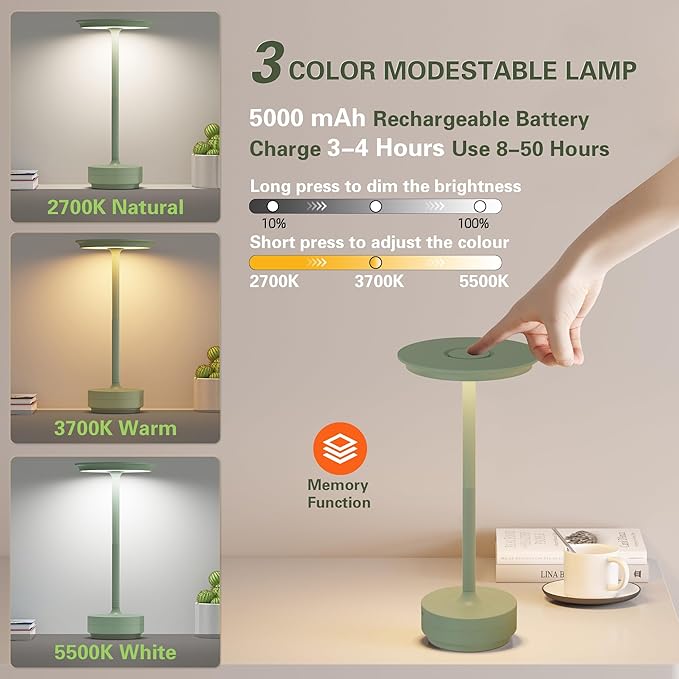 Cordless Rechargeable Table Lamps,Portable Battery Desk Lamp IP54 Waterproof
