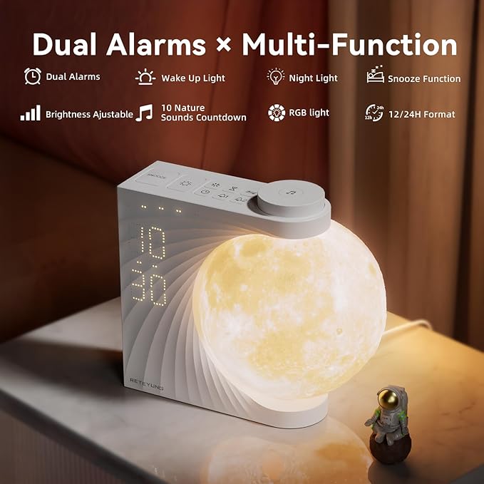 Sunrise Alarm Clocks for Heavy Sleepers,Night Lamp Clocks for Bedrooms with Moon Light,10 Light Effects,30/60/90 Timer,10 Sleep Nature Sounds,15 Ringtones,12 Volume Control with Snooze Function