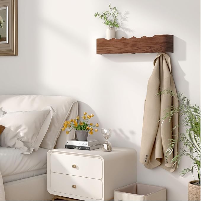 Wall Mounted Coat Rack with Shelf, Wooden Entryway Organizer with Hidden Metal Hooks for Hanging Coats Bags Keys, Modern Floating Shelf for Hallway Bathroom