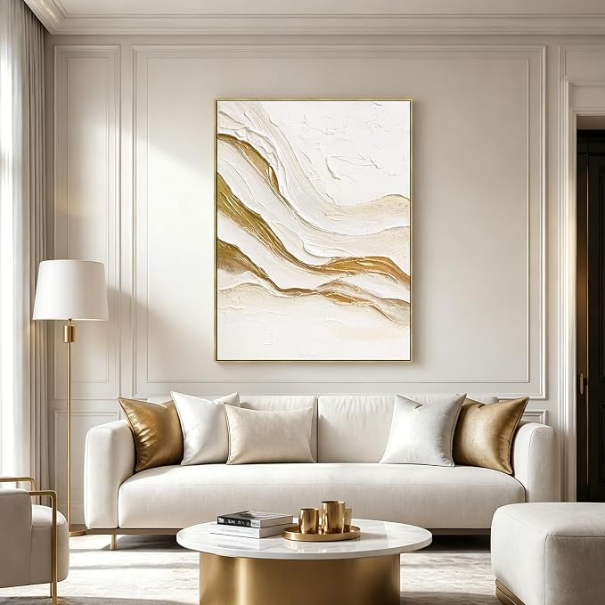 SAFERRYHOME Abstract Texture Hand Painted Wall Art, White Gold, 30"x40" | Large 3D Textured Framed Canvas Wall Decor, Modern Neutral Painting Minimalist Wave Artwork for Home Office Living Room