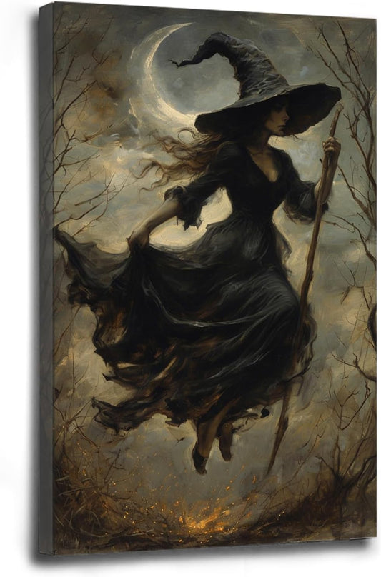 Witch in the Forest Halloween Print Wall Art Poster Witch Decor Vintage Print Dark College Wall Art Victorian Gothic Room Decor Canvas Wall Print24x36in Wood Framed