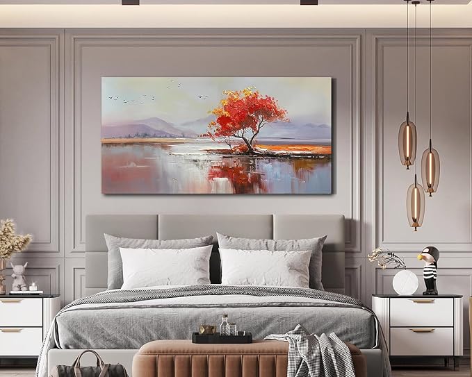 Arjun Landscape Canvas Wall Art Textured Extra Large 58"x29"- Red Tree & Lake Reflection Painting, Soft Toned Nature Prints Picture Framed Artwork for Living Room Bedroom Home Office Wall Decor