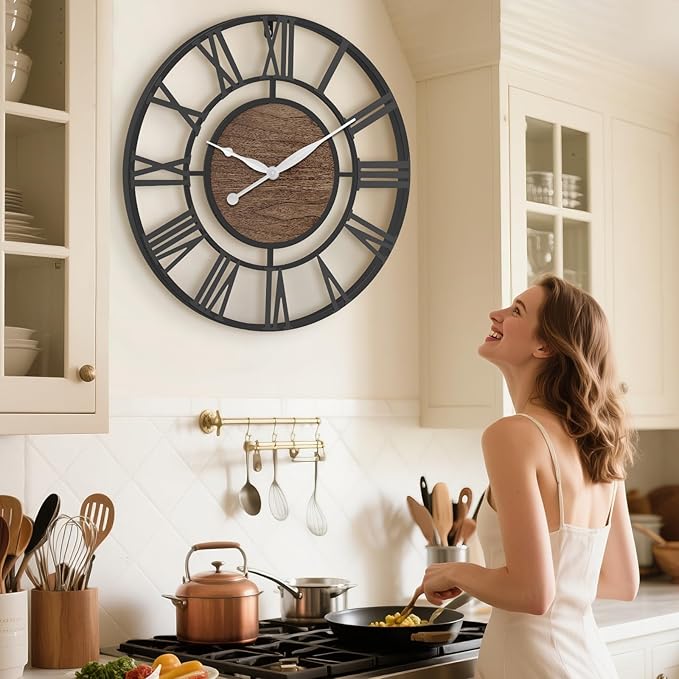 Pytha Sight 24 Inch Large Oversized Farmhouse Modern Decorative Wall Clock for Living Room,Silent Industrial Big Roman Numerals Vintage Metal Round Wall Clocks for Kitchen,Dinng Room,Office