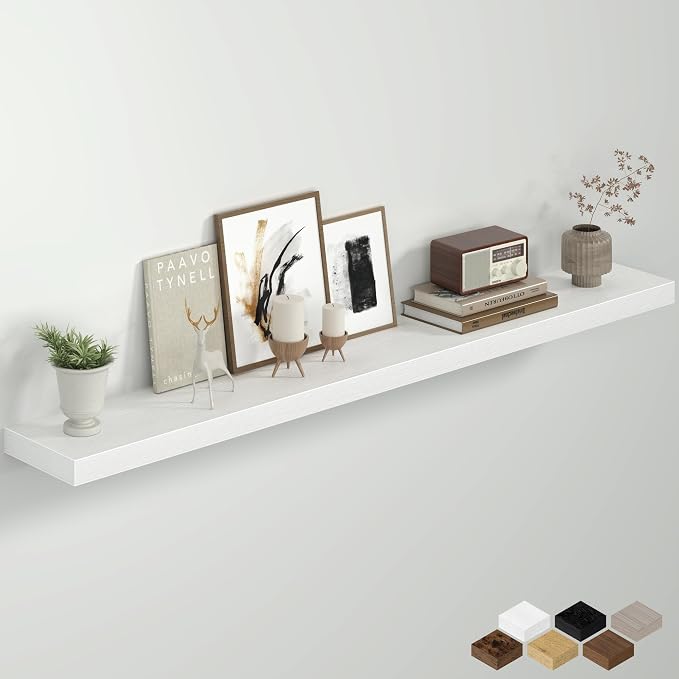 Fun Memories 55 Inch Floating Shelves for Wall, 8 Inch Deep Rustic Wood Wall Mounted Shelves with Invisible Brackets for Bathroom, Bedroom, Kitchen & Living Room Storage Decor, White, 1 Pack