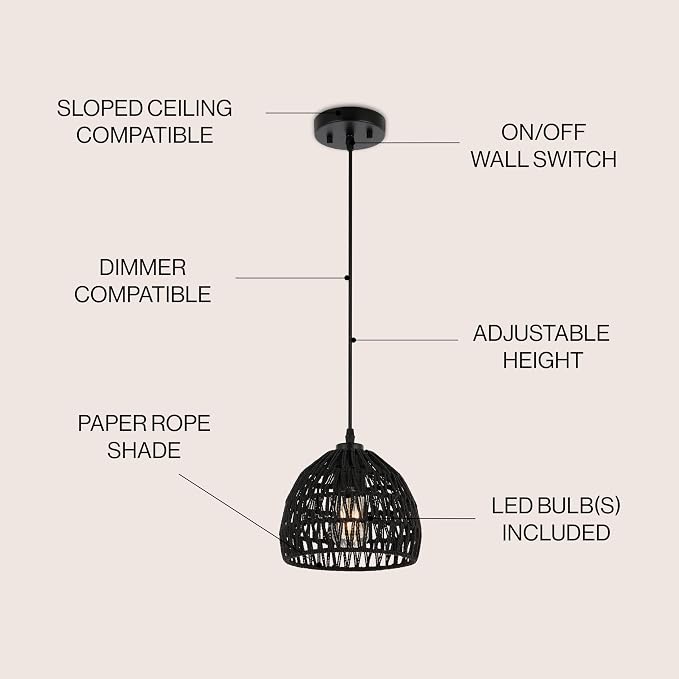 JONATHAN Y 8.25" Black Modern Bohemian Woven Rope LED Pendant Light Fixture, Adjustable Dome Ceiling Lamp for Kitchen Island, Rope Shade, Coastal Farmhouse Decor (JYL6512B)