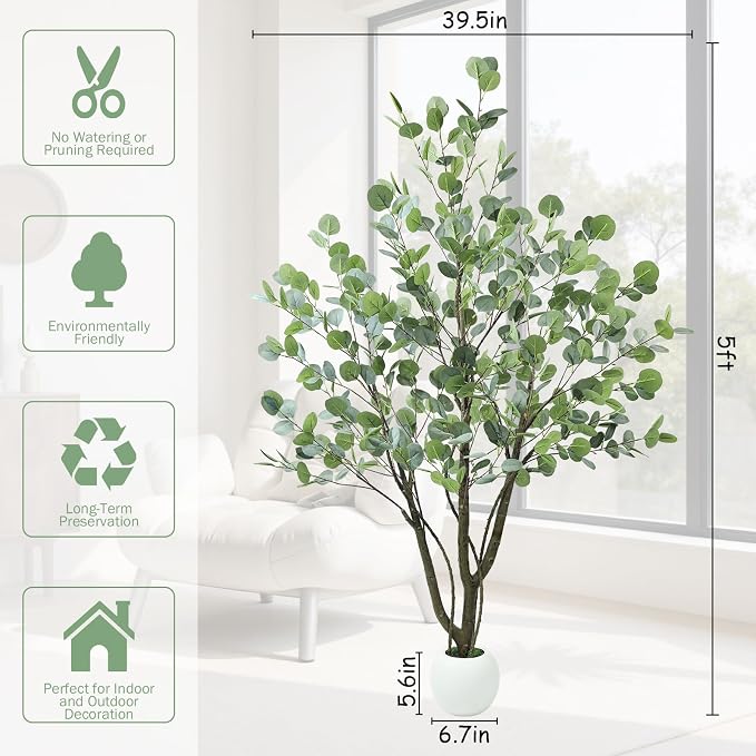 Caxchiling Artificial Eucalyptus Tree 5FT, Indoor Outdoor Faux Tree | Natural Trunk with White Planter for Home Office Living Room Front Door Decor