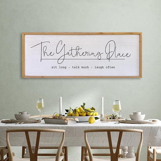 The Gathering Place Wall Decor Sign 40"x15" Large Family Dining Room Vintage Wooden Framed Country Farmhouse Simple And Rustic Hanging For Kitchen Home Wall Art Decoration (Wood)