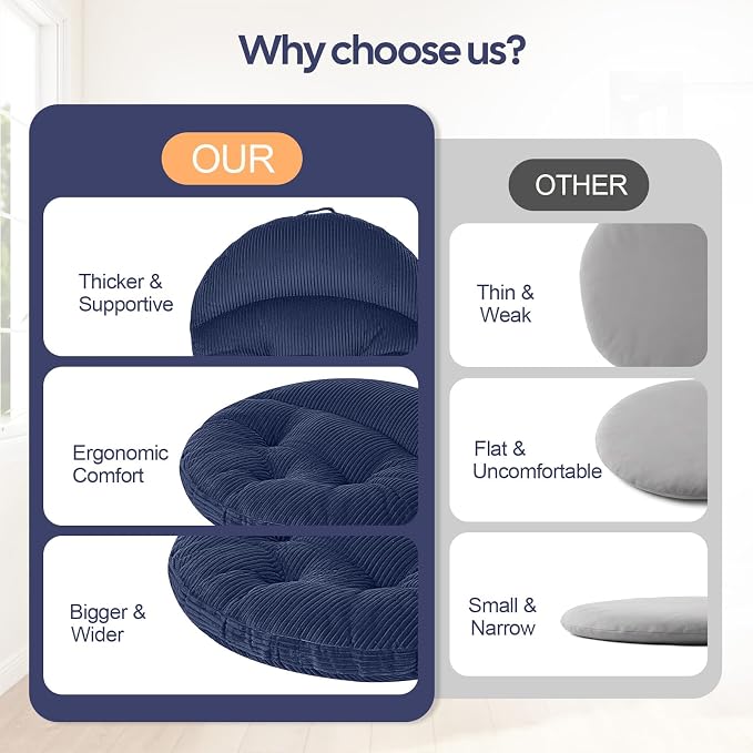 Meditation Cushion, 32 Inch Large Round Floor Pillow, Navy Blue | Soft Tufted Corduroy Meditation Pillow for Adults with Handle for Yoga, Cozy Meditation Mat for Reading and Tatami Seating