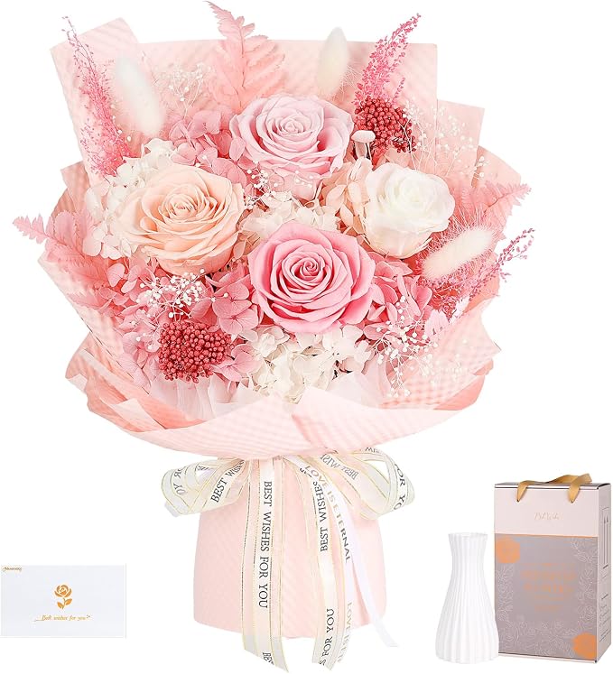 Preserved Flowers Bouquet 4 Roses - Pink Roses & Flowers for Delivery, Long-Lasting Real Roses Forever, Mothers Day Gifts for Mom Grandma Wife, Anniversary Birthday Gifts for Women