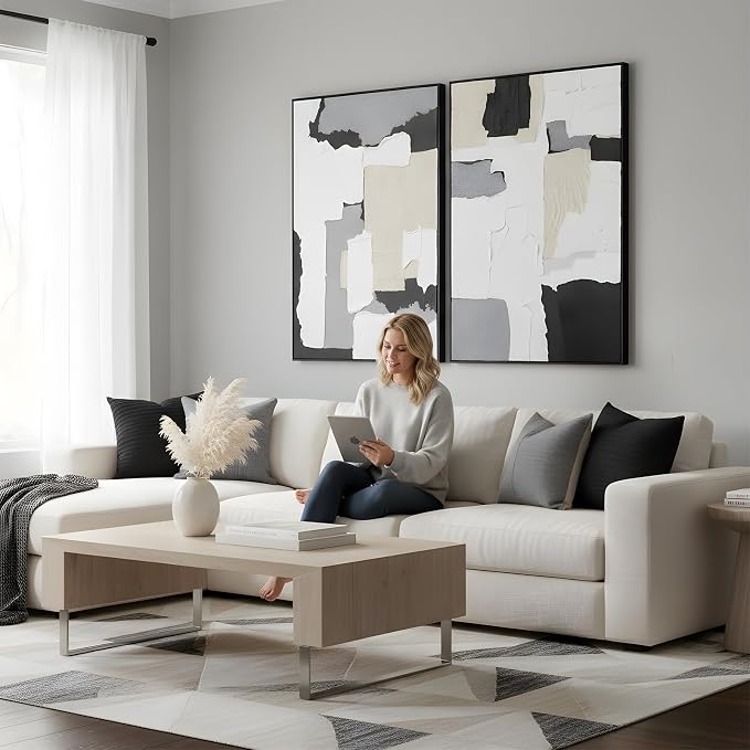 Neutral Abstract Wall Art Hand Painted, 3D Textured with Fabric Wall Decor, Modern Minimalist Framed Canvas Painting, Black White Geometric Artwork for Home Office Living Room Bedroom, 24"x36"x2