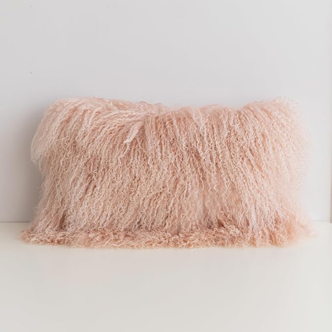 MOOX Mongolian Lamb Fur Pillow Covers Lumbar Throw Sheepskin Pillow Case Genuine Wool Fur Tibetan Accent Living Room Bedroom Decorative Cushion Cover (12 * 20inch Pink)