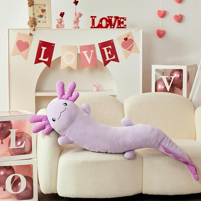 MaoGoLan Giant Axolotl Plush Toy Stuffed Animal, Huge Axolotl Body Pillow for Kids Girl Boy, Long Purple Salamander Plush Glow in The Dark, Valentine Birthday Gifts Holiday Easter Decor
