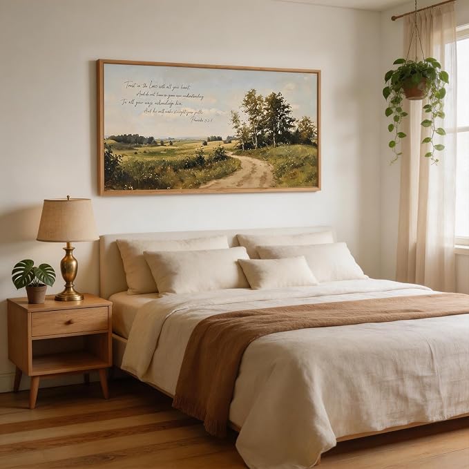 CHDITB Trust in the Lord Provervs 3:5-6 Bible Verses Wall Art Framed, Neutral Farmhouse Countryside Landscape Scripture Canvas Artwork, Large Vintage Religious Biblical Nature Scenery Field Wilderness Painting Decor for Living Room Office (40"L x 20"W)