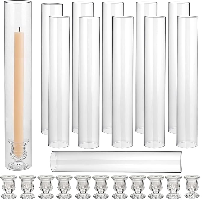 CHILL RECIPE Hurricane Glass Candle Holders-Set of 12 Tall Taper Candle Holder with 14” Tall Clear Cylinder Covers for Wedding Table Centerpiece Home Decor (Floral Base+Clear Chimney)