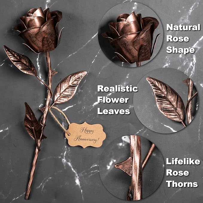 BESZONE 7 Year Anniversary Copper Gift for Her - Metal Rose Copper Gift for Wife 7th Wedding Anniversary for Him Husband Couples, Everlasting Flower 22nd 22 Year Handcrafted Love Stained Artwork