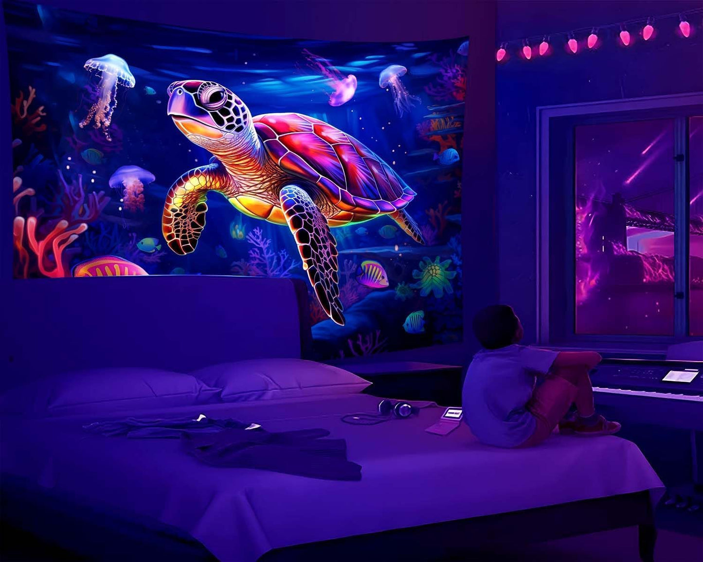 QGHOT Turtle Tapestry, Blacklight Ocean Tapestry Wall Hanging Undersea Black Light Poster for Kids Glow in the Dark for Kids Bedroom Children Toddler Room Decor 90x70in