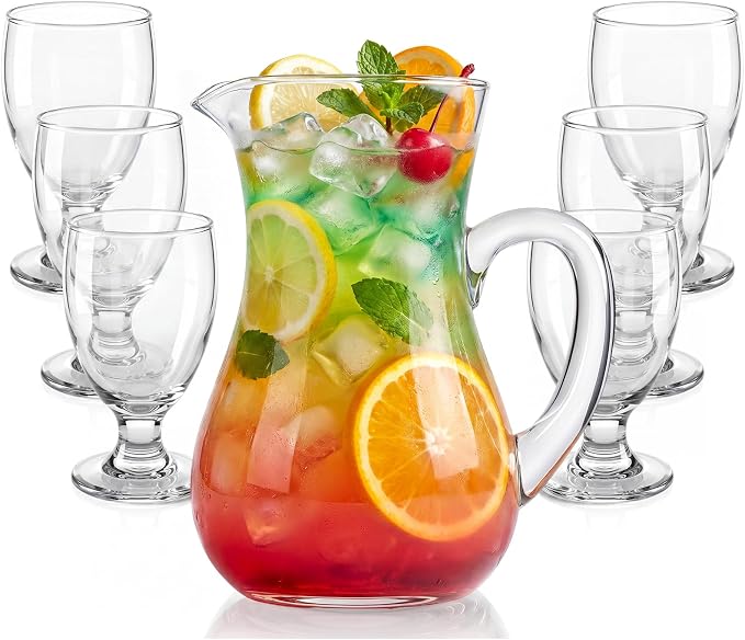 LemonRoad 7 Pcs Glasses Pitcher Drinkware Set 40 oz Pitcher Carafe and 6 Tall Drinking Beverage Set, Jug with Lid and Spout for Juice, Iced Tea or Water (Gourd Style)