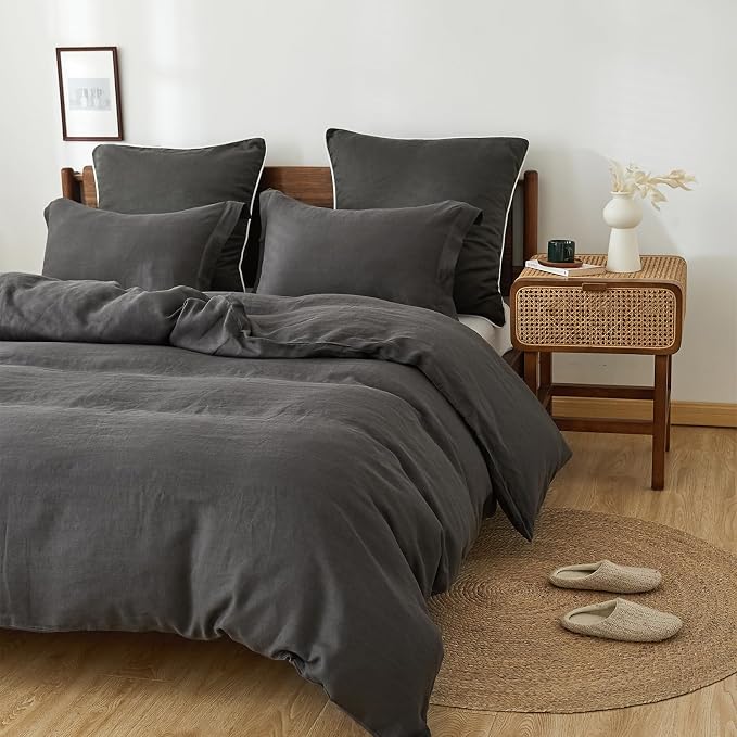 100% French Linen Pillow Shams Basic Style - Pack of 2 - Washed Solid Color Natural Flax Soft Breathable - Dark Grey, 20'' x 36''