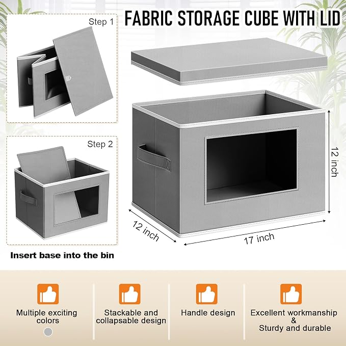 Threehoney 10 Pcs Fabric Storage Cubes with Lids and Clear Windows 17x12 Inch Foldable Closet Organizer Bins Aesthetic Dark Gray Storage Bins for Shelves Dorm Essentials Craft & Office Organization