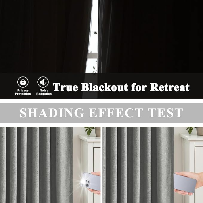 Vision Home Pinch Pleated Dark Grey Blackout Curtains 95 inch Linen Blended Room Darkening Drapes with Thermal Insulation & Back Tab Hooks for Bedroom Living Room, 40" Wx95 L 2 Panels