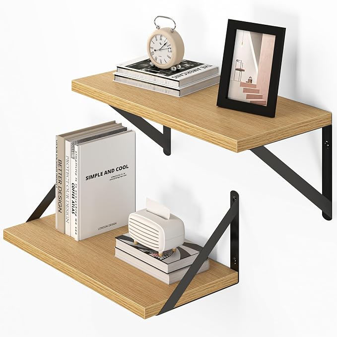Vivelove 8 Inch Deep Floating Shelves for Wall, 16W x 8D Wood Wall Shelves Set of 2, Rustic Oak Wide Floating Bookshelf for Living Room, Kitchen, Office, Bedroom, with Black Metal Bracke - Oak
