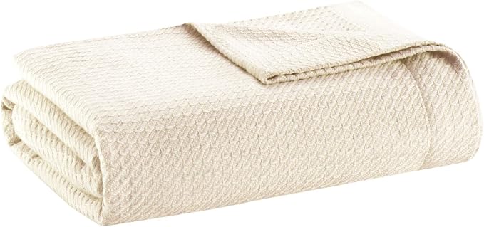 Madison Park 100% Egyptian Cotton Lightweight Summer Blanket, Breathable Waffle Knit Design, Soft Cozy All-Season Throw for Bed, Couch or Sofa, Ivory Cream Full/Queen Size (90"x90")