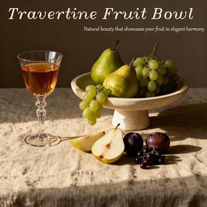 Natural Travertine Fruit Bowl 10.2 Inches with Pedestal Large Decorative Bowl for Kitchen Counter Dining Table Centerpiece and Entryway Decor