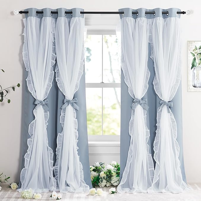 PONY DANCE Ruffle Curtains Double Layers Sheer Overlay Elegant Decoration for French Country Rustic Design Window Covering with Tiebacks, 52" Wide x 95" Long, Pigeon Blue, 2 Panels
