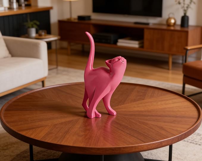 Hot Pink Cat Statue Modern Abstract, Home Office Shelf Decor, 7-Inch Vibrant Assorted Colors, Easy to Match Any Decor Style