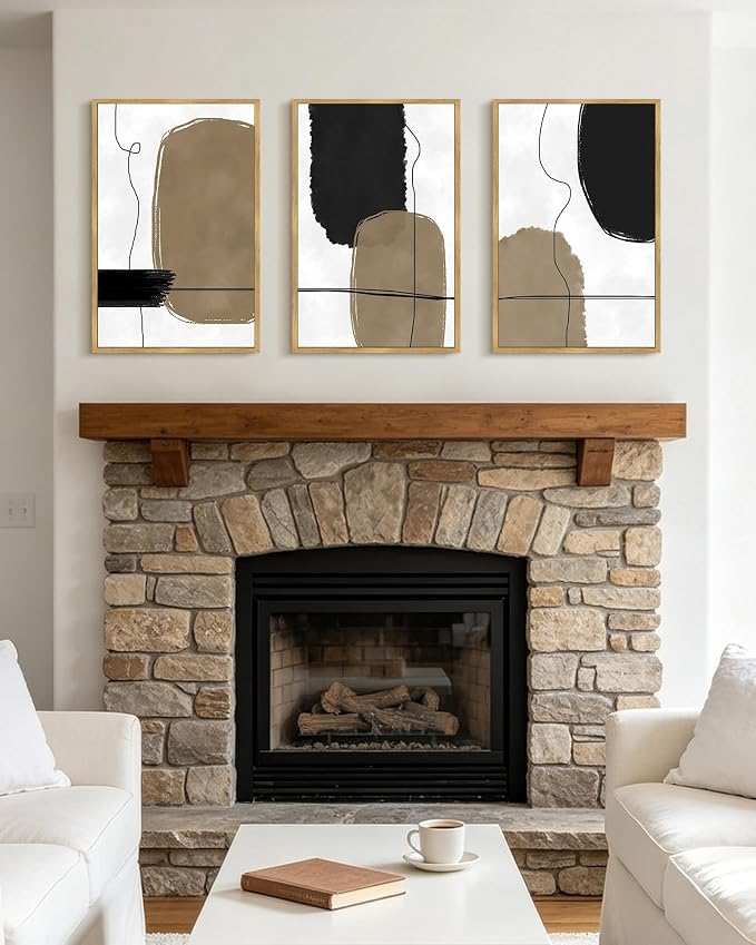 PHOPAGO Abstract Framed Wall Art Large 16x24in Neutral Beige Mid Century Textured Artwork Black Minimalist Line Modern Illustrations Prints Home Decor - Natural Framed