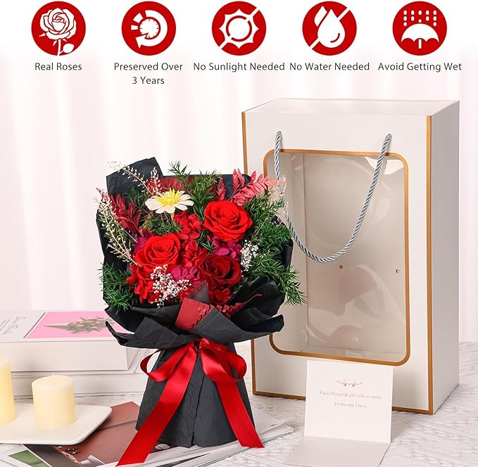 Flowers for Delivery Prime, Valentines Day Gifts for Her, Preserved Flowers Bouquets, Red Rose Birthday Gifts for Women Mom Wife Girlfriend Grandma, Real Forever Flower for Mothers Day Anniversary