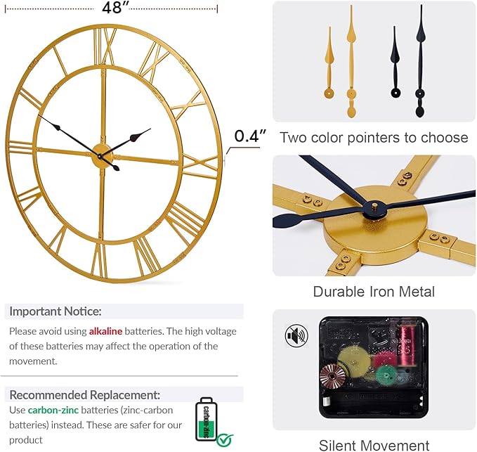 Large Wall Clock for Living Room Decor – 48 inch Knocked-Down (KD) Silent Non-Ticking Modern Farmhouse Wall Clock, Oversized Decorative Metal Roman Numeral Clock, Gold