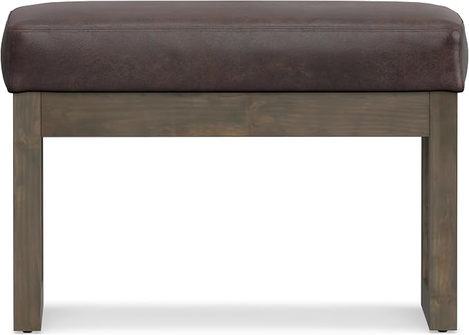 SIMPLIHOME Milltown Small Ottoman Bench - 27 inch Wide Upholstered Vegan Leather Rectangle Footstool Ottoman in Distressed Brown, Contemporary Bench for Bedroom with Cushioned Seat