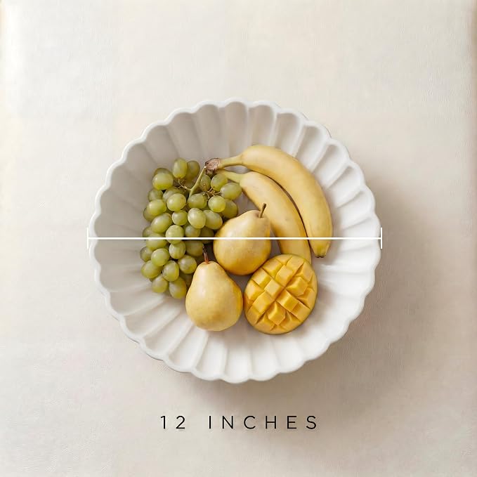 Large 12 Inch Fruit Bowl Handcrafted | Decorative Ceramic Bowl | Decorative Bowl for Keys & Entryway Decor | Modern Home Decor Centerpiece | Chalk White