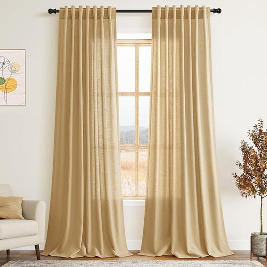 Nanspring Gold Yellow Linen Curtains 90 Inch Long 2 Panels Set for Bedroom Living Room Gold Yellow Linen Textured Window Drapes Semi Sheer Light Filtering Rod Pocket Back Tab Farmhouse Curtain 52x90